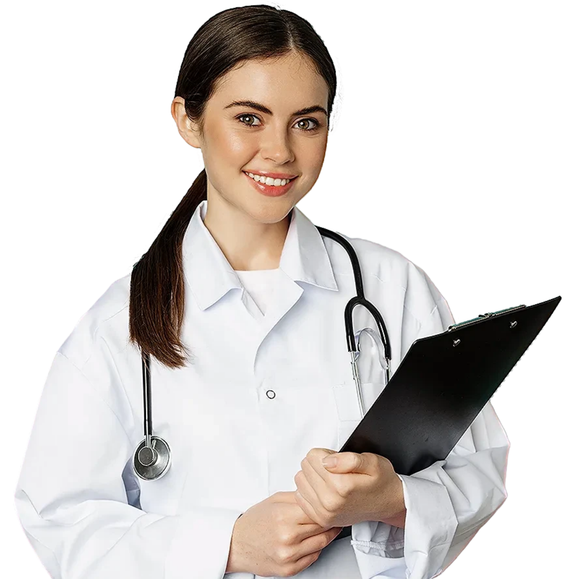 Smiling clinician holding a clipboard