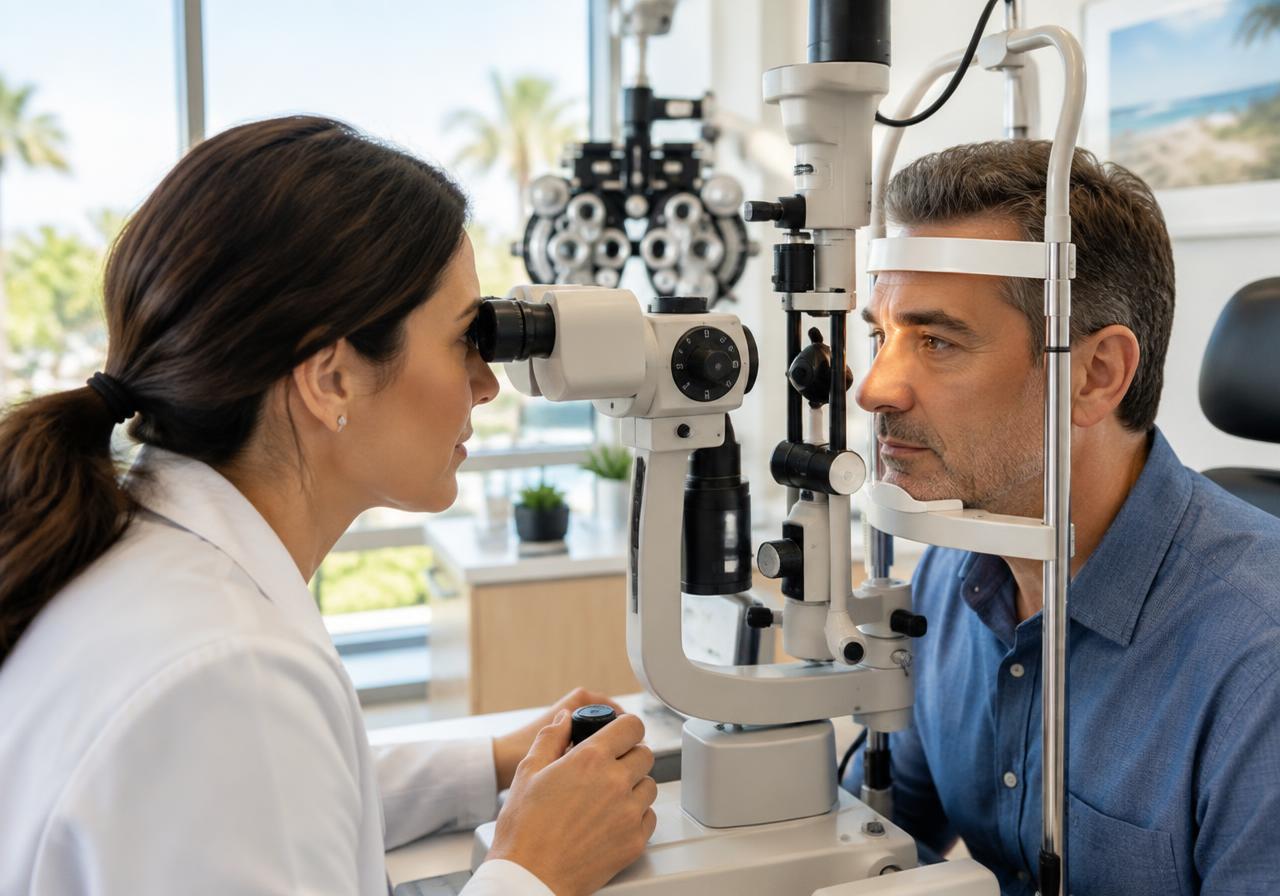 Ophthalmologist examining a patient at the slit lamp in a California eye clinic
