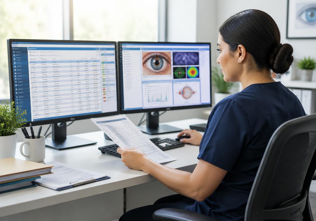 Billing specialist reviewing ophthalmology claims and eye care charts